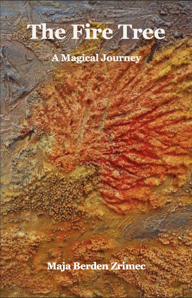 Cover of The Fire Tree — a textured painting in earthen ochre and terracotta with a coral-red branching burst at its centre.